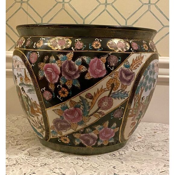 VintageMandarin Family Porcelain Fishbowl Planter Chinese Vase Hand Painted - Picture 5 of 12